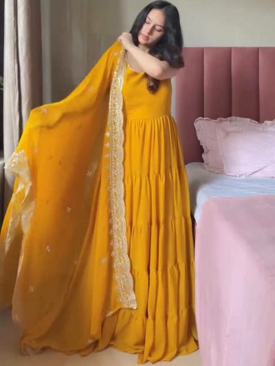 Haldi Yellow Georgette Flair Gown Dupatta Set Of 2 - BONYHUBSALWAR KAMEEZ