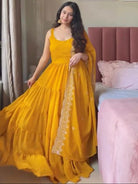 Haldi Yellow Georgette Flair Gown Dupatta Set Of 2 - BONYHUBSALWAR KAMEEZ