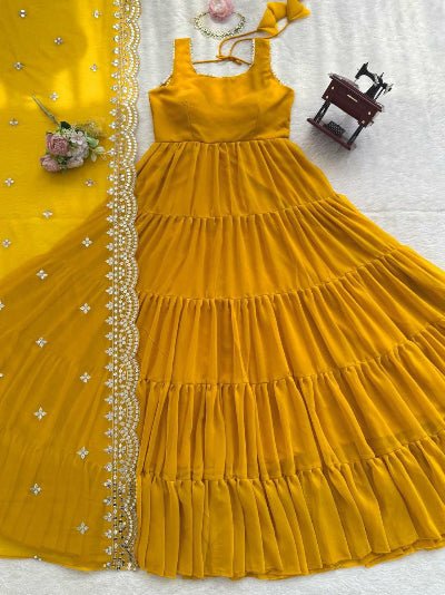 Haldi Yellow Georgette Flair Gown Dupatta Set Of 2 - BONYHUBSALWAR KAMEEZ