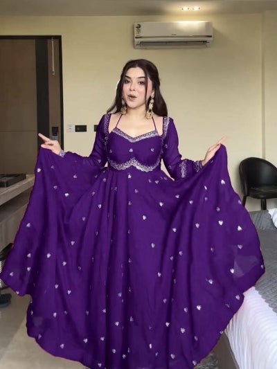 Purple Georgette Ethnic Embroidered Anarkali Suit Set - BONYHUBSALWAR KAMEEZ