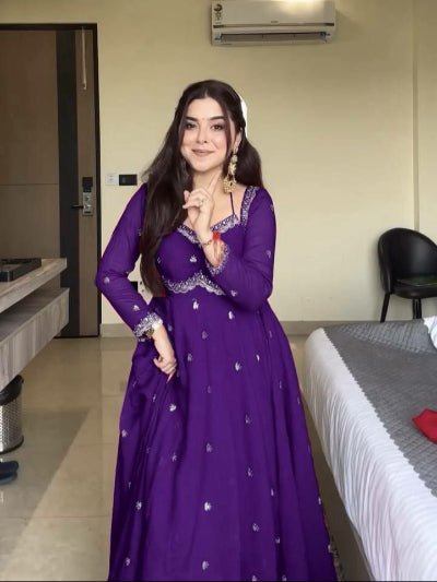 Purple Georgette Ethnic Embroidered Anarkali Suit Set - BONYHUBSALWAR KAMEEZ