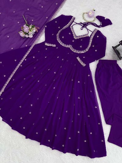 Purple Georgette Ethnic Embroidered Anarkali Suit Set - BONYHUBSALWAR KAMEEZ