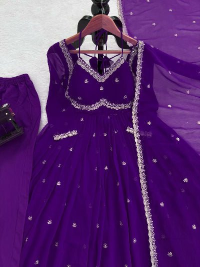 Purple Georgette Ethnic Embroidered Anarkali Suit Set - BONYHUBSALWAR KAMEEZ