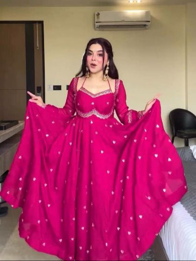 Hot Pink Georgette Ethnic Embroidered Anarkali Suit Set - BONYHUBSALWAR KAMEEZ