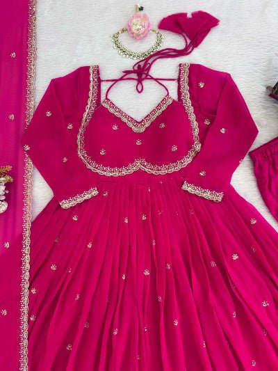 Hot Pink Georgette Ethnic Embroidered Anarkali Suit Set - BONYHUBSALWAR KAMEEZ