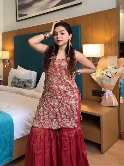Rusty Brick Maroon Sharara Set with Golden Embroidery - BONYHUBSALWAR KAMEEZ