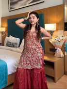 Rusty Brick Maroon Sharara Set with Golden Embroidery - BONYHUBSALWAR KAMEEZ