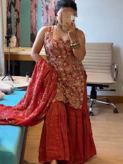 Rusty Brick Maroon Sharara Set with Golden Embroidery - BONYHUBSALWAR KAMEEZ