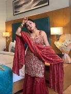 Rusty Brick Maroon Sharara Set with Golden Embroidery - BONYHUBSALWAR KAMEEZ