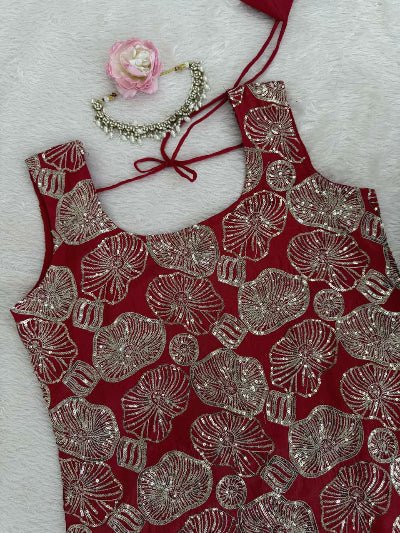 Rusty Brick Maroon Sharara Set with Golden Embroidery - BONYHUBSALWAR KAMEEZ