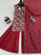 Rusty Brick Maroon Sharara Set with Golden Embroidery - BONYHUBSALWAR KAMEEZ