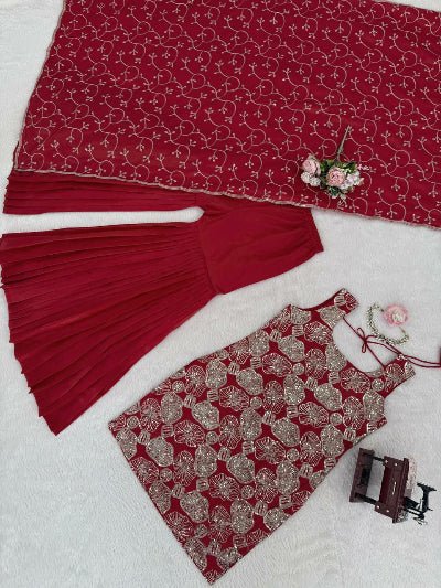 Rusty Brick Maroon Sharara Set with Golden Embroidery - BONYHUBSALWAR KAMEEZ
