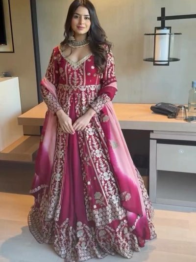 Magenta Pink Georgette Embroidery Long Kurti, Skirt & Dupatta - BONYHUBSALWAR KAMEEZ