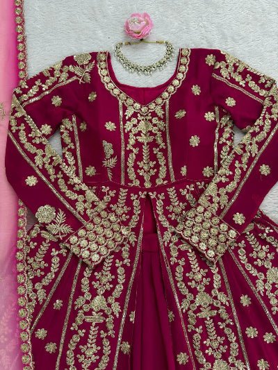 Magenta Pink Georgette Embroidery Long Kurti, Skirt & Dupatta - BONYHUBSALWAR KAMEEZ