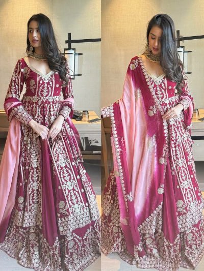 Magenta Pink Georgette Embroidery Long Kurti, Skirt & Dupatta - BONYHUBSALWAR KAMEEZ