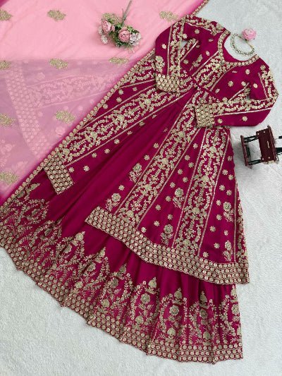 Magenta Pink Georgette Embroidery Long Kurti, Skirt & Dupatta - BONYHUBSALWAR KAMEEZ