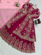 Magenta Pink Georgette Embroidery Long Kurti, Skirt & Dupatta - BONYHUBSALWAR KAMEEZ