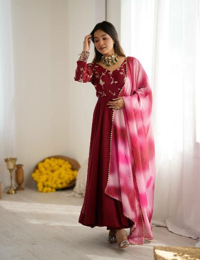 Maroon Crunchy Silk Anarkali Suit With Dual Tone Dupatta - BONYHUBSALWAR KAMEEZ