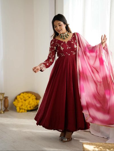 Maroon Crunchy Silk Anarkali Suit With Dual Tone Dupatta - BONYHUBSALWAR KAMEEZ