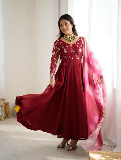 Maroon Crunchy Silk Anarkali Suit With Dual Tone Dupatta - BONYHUBSALWAR KAMEEZ