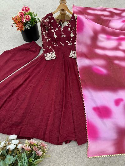 Maroon Crunchy Silk Anarkali Suit With Dual Tone Dupatta - BONYHUBSALWAR KAMEEZ