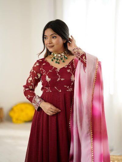 Maroon Crunchy Silk Anarkali Suit With Dual Tone Dupatta - BONYHUBSALWAR KAMEEZ