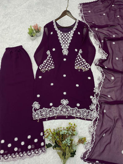 Embroidered Georgette Palazzo Suit UK - 3 Colours