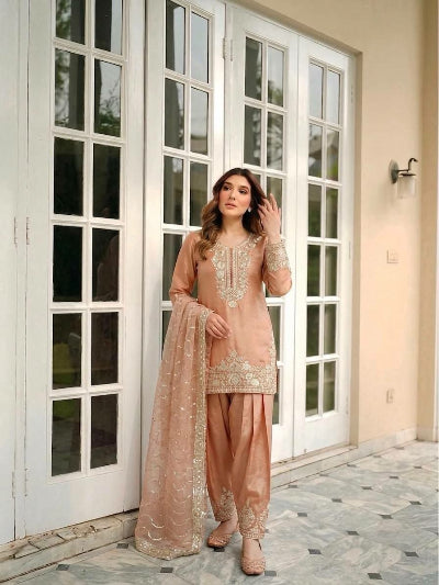 Peach &amp; Pink Sequence Embroidered Farshi Palazzo Suit for Women