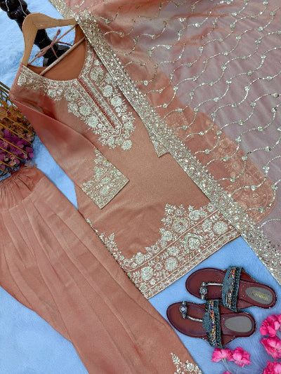 Peach &amp; Pink Sequence Embroidered Farshi Palazzo Suit for Women