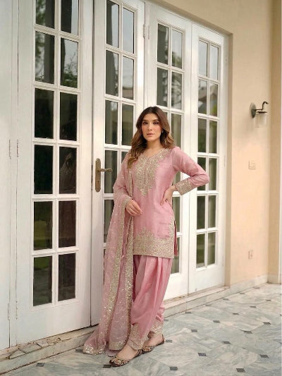 Peach &amp; Pink Sequence Embroidered Farshi Palazzo Suit for Women