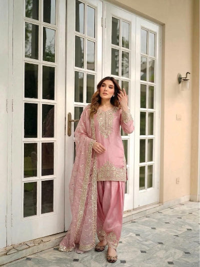 Peach &amp; Pink Sequence Embroidered Farshi Palazzo Suit for Women
