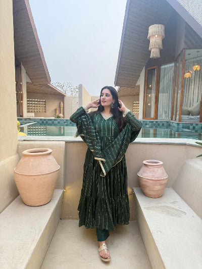 Dark Bottle Green Brocade Anarkali Suit for Women | Asian Ethnic Wear UK