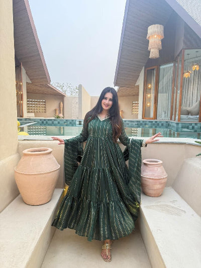Dark Bottle Green Brocade Anarkali Suit for Women | Asian Ethnic Wear UK