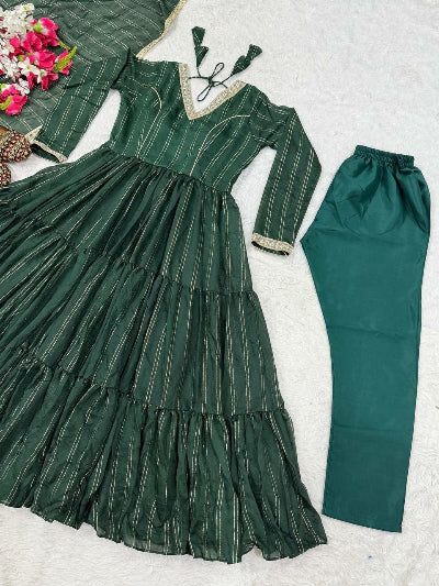Dark Bottle Green Brocade Anarkali Suit for Women | Asian Ethnic Wear UK