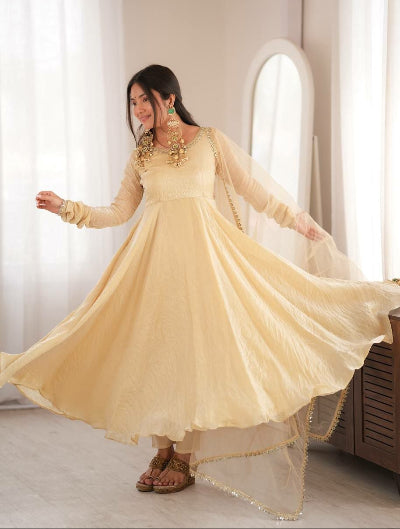 Beige Gold Mirror Work Anarkali Suit for Women | Asian Ethnic Wear UK
