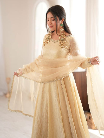 Beige Gold Mirror Work Anarkali Suit for Women | Asian Ethnic Wear UK