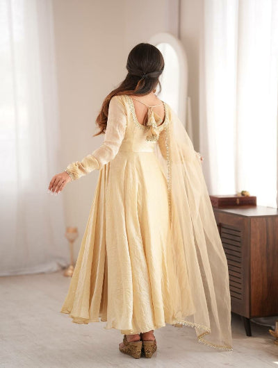 Beige Gold Mirror Work Anarkali Suit for Women | Asian Ethnic Wear UK