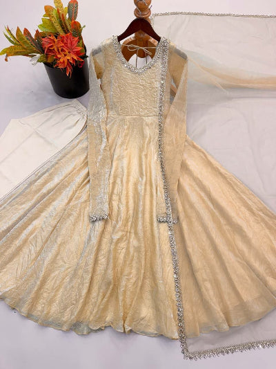 Beige Gold Mirror Work Anarkali Suit for Women | Asian Ethnic Wear UK