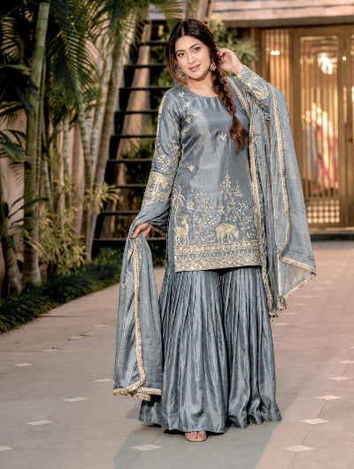 Dusty Grey Blue Embroidered Sharara Suit for Women | Asian Ethnic Wear UK