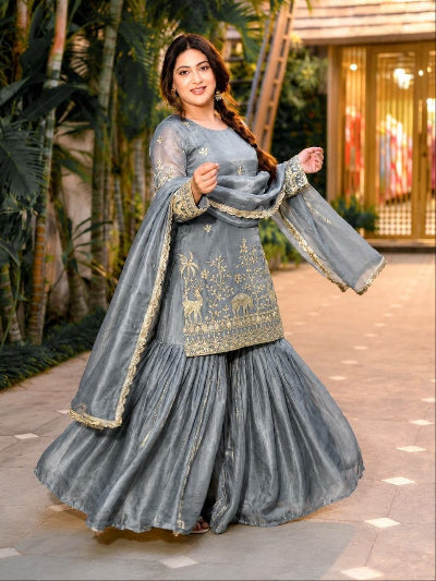 Dusty Grey Blue Embroidered Sharara Suit for Women | Asian Ethnic Wear UK