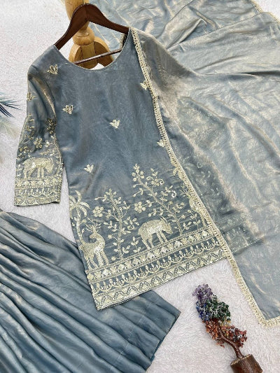 Dusty Grey Blue Embroidered Sharara Suit for Women | Asian Ethnic Wear UK