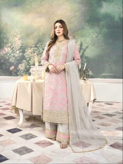 Grey &amp; Blush Pink Embroidered Palazzo Suit Set for Women