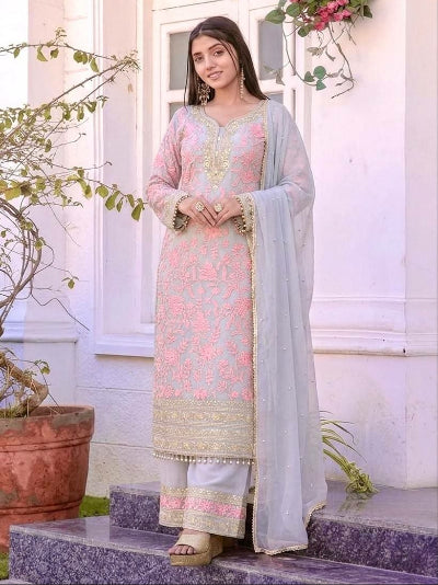 Grey &amp; Blush Pink Embroidered Palazzo Suit Set for Women
