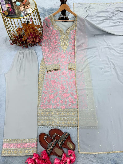 Grey &amp; Blush Pink Embroidered Palazzo Suit Set for Women