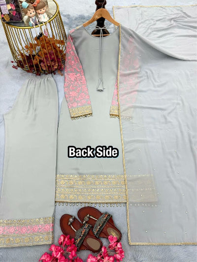 Grey &amp; Blush Pink Embroidered Palazzo Suit Set for Women