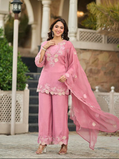 Blush Pink Embroidered Trouser Suit for Women | Asian Ethnic Wear UK
