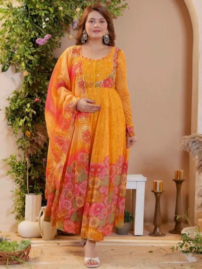 Yellow Organza Beautiful Floral Anarkali Suit Set - BONYHUBSALWAR KAMEEZ