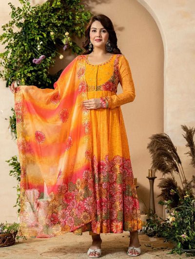 Yellow Organza Beautiful Floral Anarkali Suit Set - BONYHUBSALWAR KAMEEZ