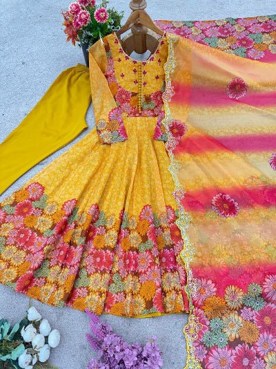 Yellow Organza Beautiful Floral Anarkali Suit Set - BONYHUBSALWAR KAMEEZ
