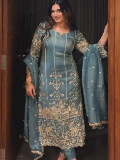 Ice Blue Organza Sequins Work Straight Suit Set - BONYHUBSALWAR KAMEEZ